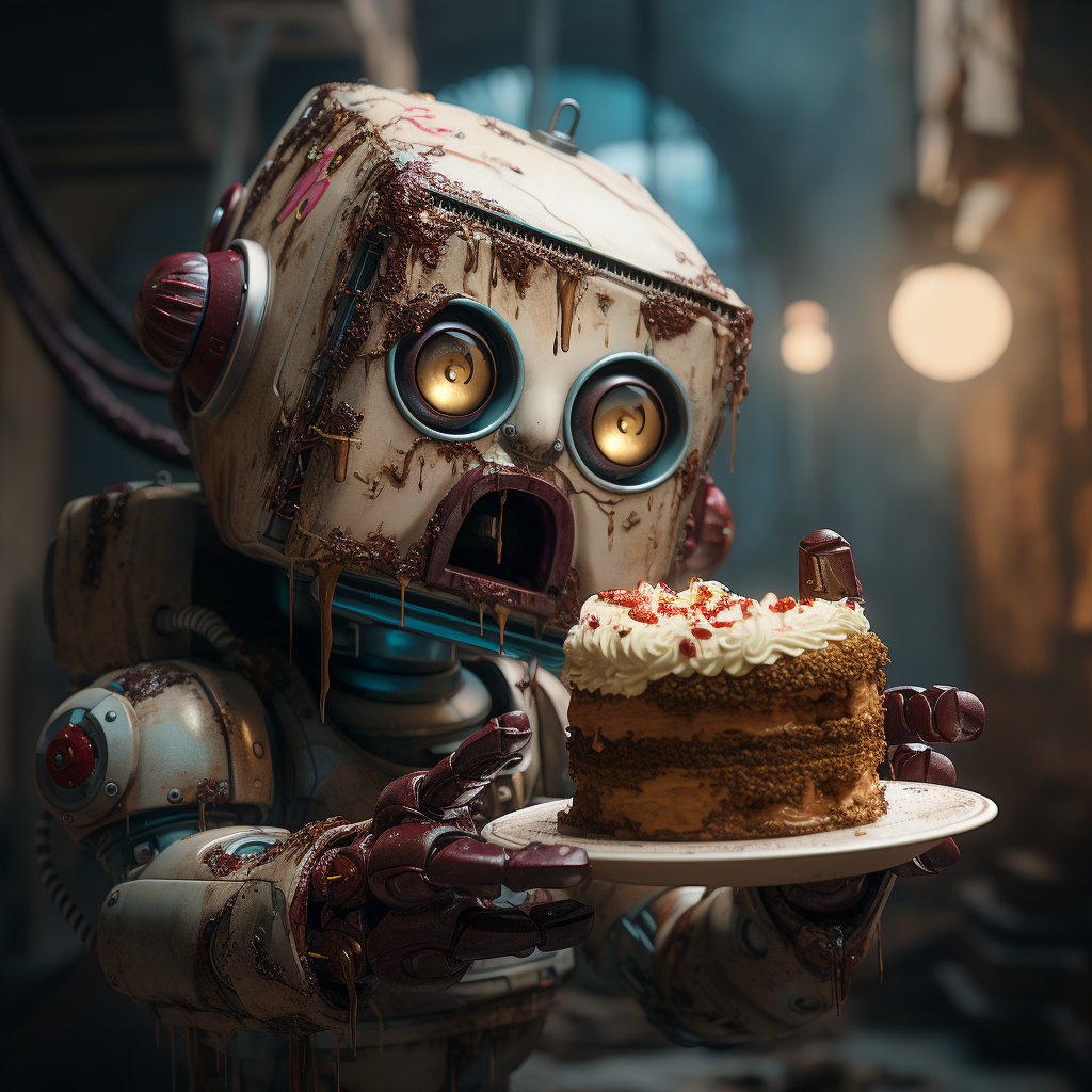 jvo r a robot holding a slice of cake with his hand in front of 5c2da7c3 63cb 4cf2 ac2d dc94b7aa4346