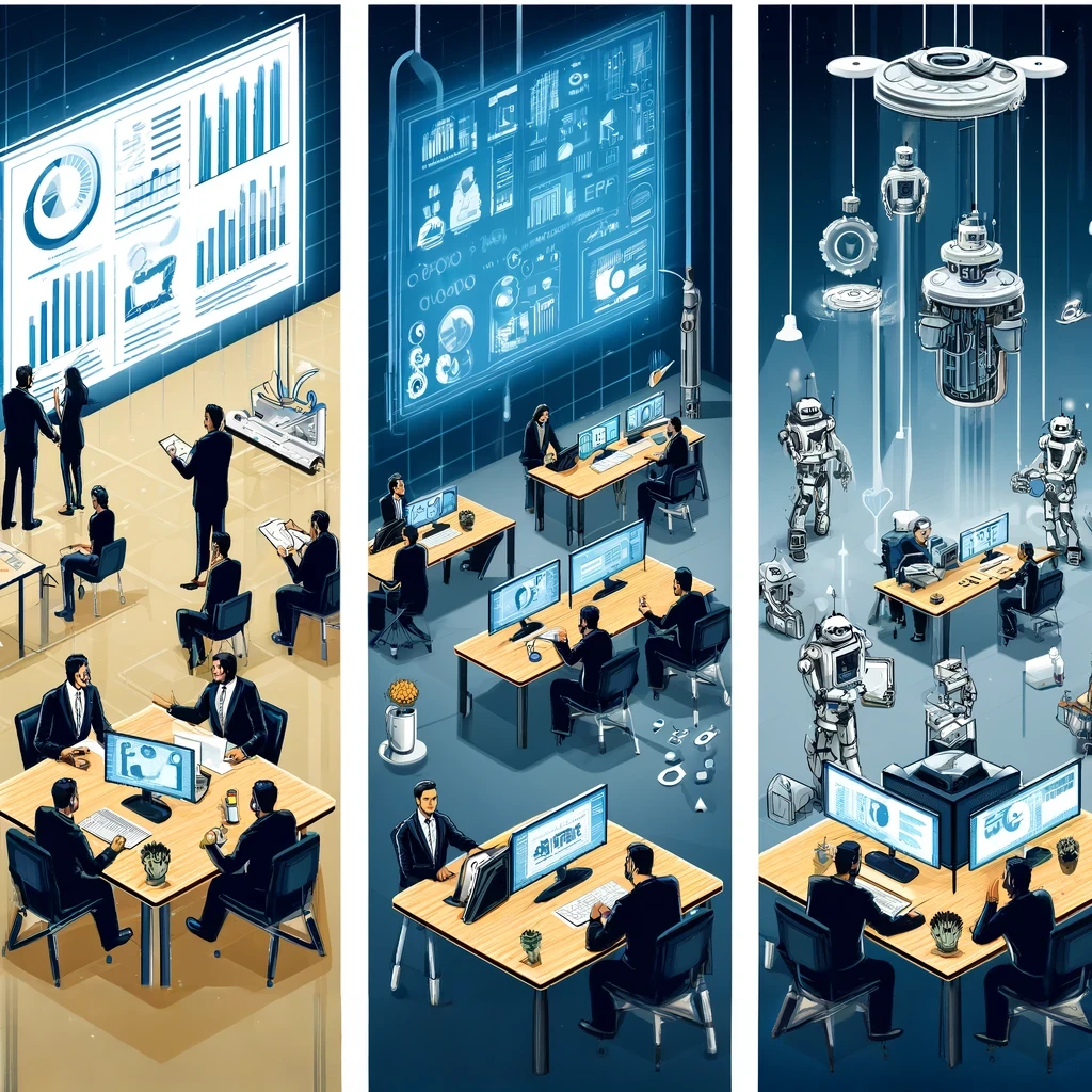 DALL·E 2024 04 15 13.11.01 A triptych illustration featuring three distinct scenes representing different phases of an ERP upgrade where automation is required 1 Before an o